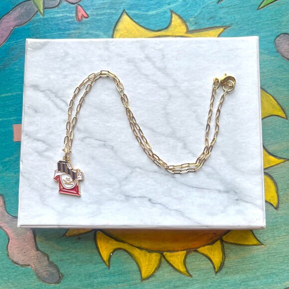 KitKat Enamel Charm Gold Paper Clip Chain Pendant Necklace - Picture 4 of 4
